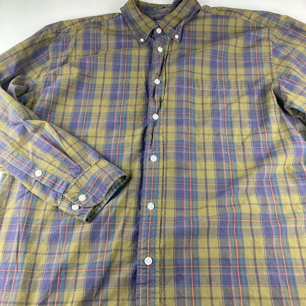 Orvis Mens XXL Plaid Shirt Olive Blue Cotton Long Sleeve Button Down
